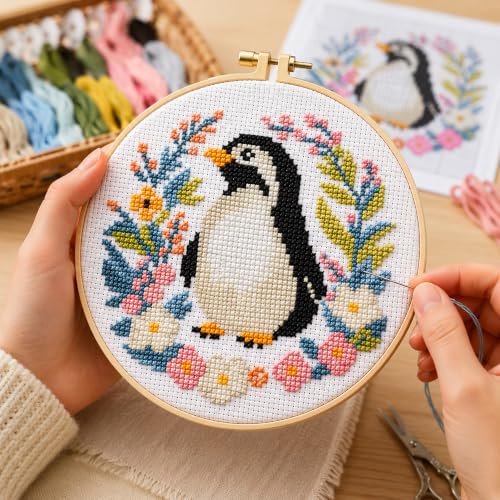 Image of Zhenqing 4-Piece Animal Cross Stitch Kit for Beginners - Complete Set with Pre-Printed 11CT 24x24cm Fabric, Hoop & Tools (Penguin, Sloth, Cow, Deer Designs)(70405)
