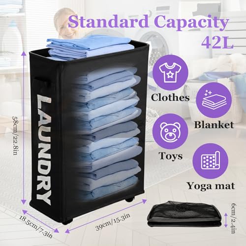Image of Black Rolling Laundry Hamper, Slim Laundry Basket with Wheels for Small Spaces, 42L Tall Narrow Dirty Clothes Hamper, Collapsible Laundry Bin for Bedroom Dorm Laundry Room