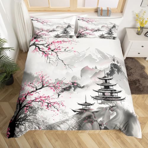 Homewish Housse de Couette 220x240 Chinois Oriental Vintage, Parure de Lit Adulte Fleur de Cerisier du Japon, Sets de Housses de Couettes Floral À La...