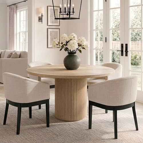 Image of HNY Barrel Dining Chairs Set of 4, Mid Century Modern Upholstered Dining Chairs with Arms, Linen Kitchen & Dining Room Chairs, Solid Wood Frame Accent Chairs for Kitchen, Apartment, Cream