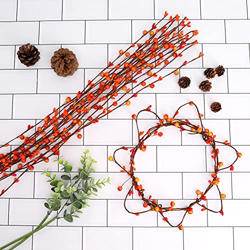 30 Pieces Artificial Pip Berry Vines Orange Red Floral Picks Stems for Fall Harvest Wedding Thanksgiving Christmas DIY Craft Wreath Garland Floral Arrangement, 2 Styles