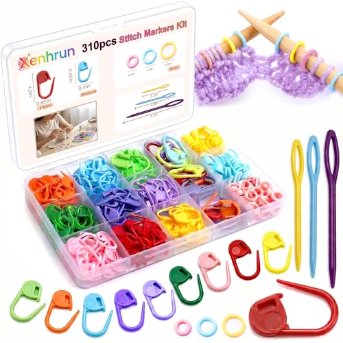 Xenhrun Crochet Stitch Markers Kit: 310pcs Large Locking Crochet Counter Clips & Marker Rings for Crocheting Knitting with Compartment Storage Box - Reusable for 1000+ 0 Snagging 1s Open & Close