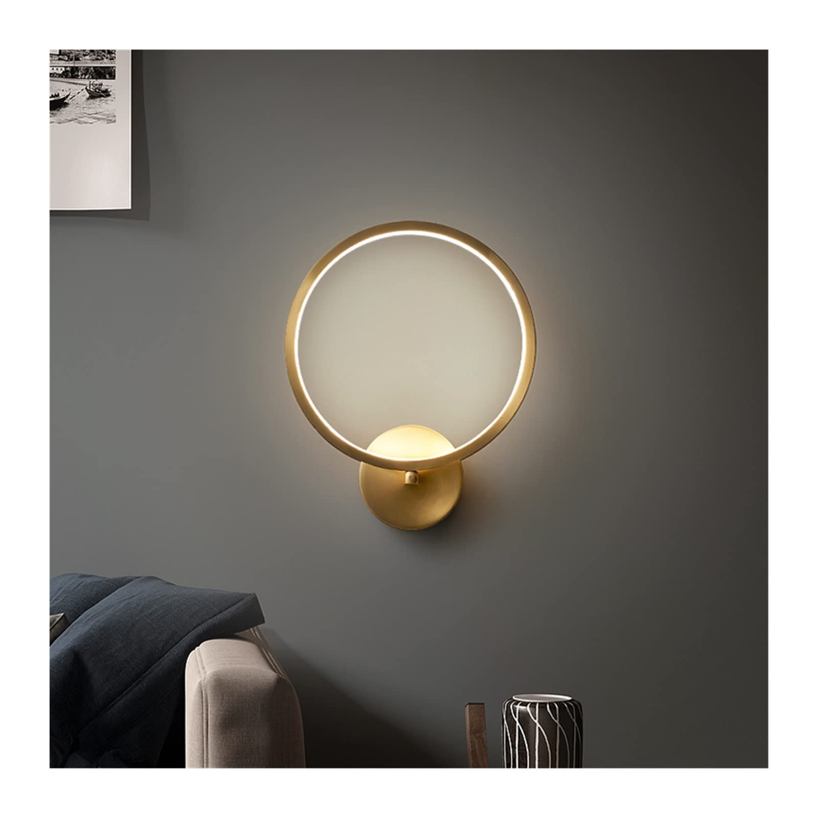 ZTCHSENZT Wall Sconces, Nordic Wall Lamp Round Copper LED Indoor LED Bedside Sconce Light Decor Wall Light for Bedroom Living Room Loft Stair Lamp,W20cmh25cm-coolwhite