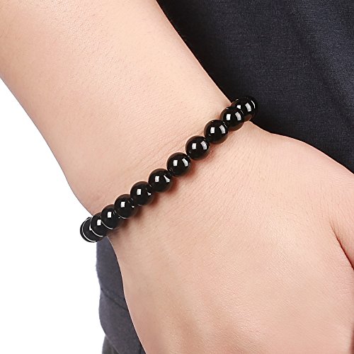 Hamoery Men Women 8Mm Natural Stone Lava Rock Diffuser Bracelet Elastic Yoga Agate Beads Bracelet Bangle (Black Agate) #TOP5