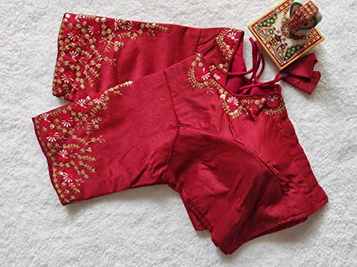 Image of Pujia Mills Women's Silk Embroidery Sequence Work Half Sleeve Readymade Blouse