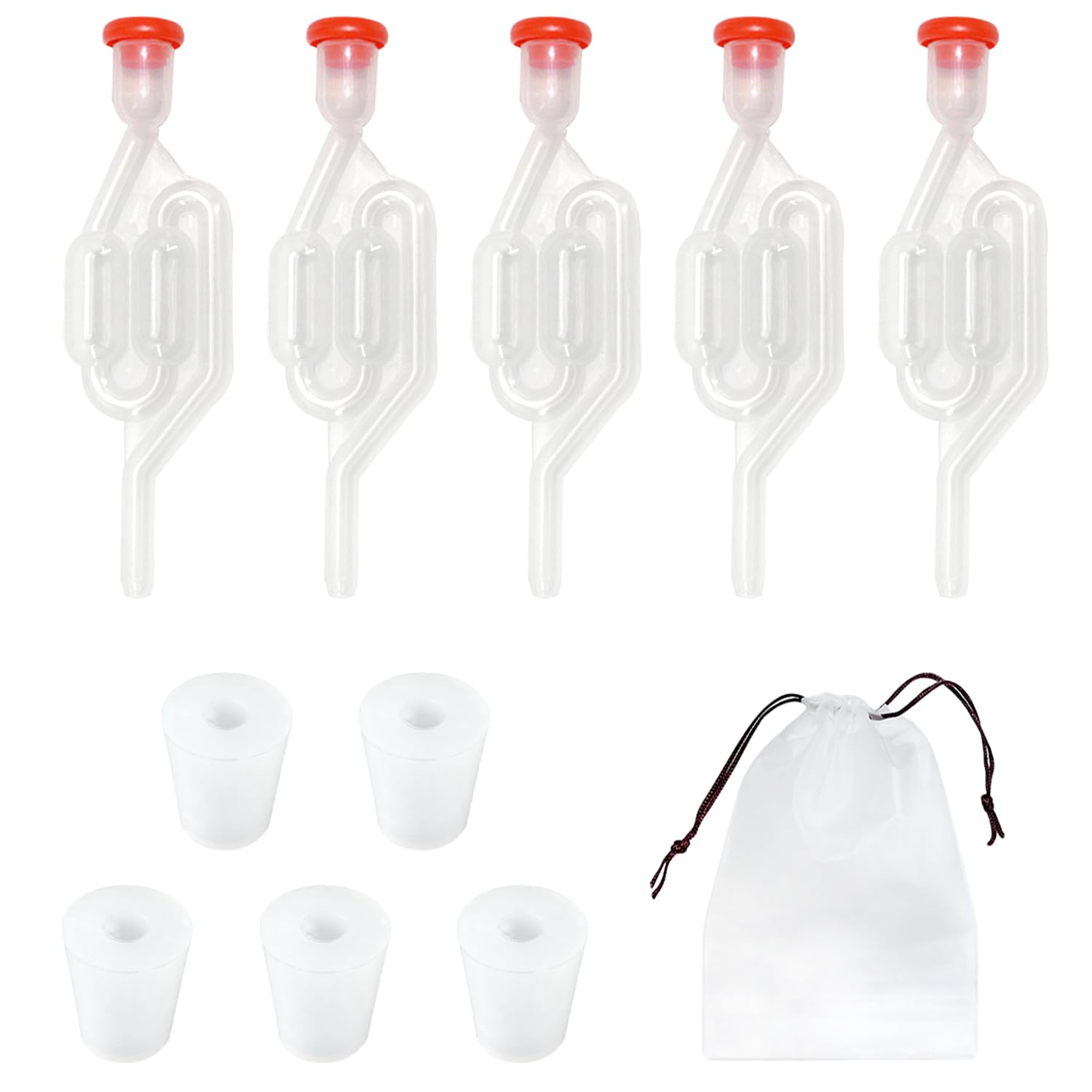 MEMOFYND 5 pezzi tubi di fermentazione, 5 tappi in silicone, 1 sacchetto di conservazione, set per la preparazione della birra, tubi di fermentazione con tappi in gomma, valvola di scarico per la