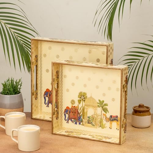 Image of Wooden Serving Tray with Gold Engraving | Set of 2 | Size : 12 x 12 inch & 10 x 10 inch | Enamel Coated Waterproof | Square Trays | Decorative Trays | (Royal Camel Square Trays Set)