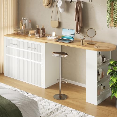 FammyLoft Mesa de bar plegable con dos cajones, mesa de bar cocina con espacio de almacenamiento, moderna mesa de bar móvil, mesa alta, isla de cocina, encimera de cocina, mesa alta (137-215 x 39 x