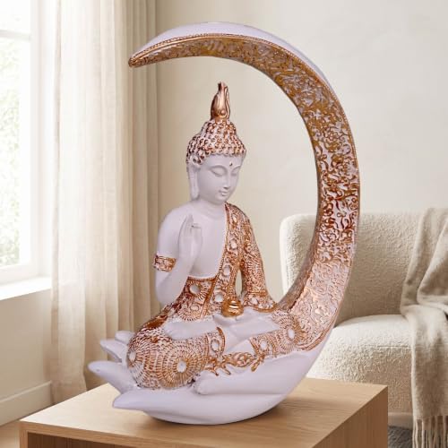 Image of Antique Big Meditating Moon Buddha Statue Showpiece for Home Decor - Living Room - House Warming - Office - Gifting - Buddha Idol Polyresin Decorative Figurine (9 Inch / 23 cm, White, Gold)