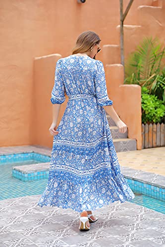 Women 3/4 Sleeves Front Buttons Floral Print Casual Bohemian Maxi Dresses3