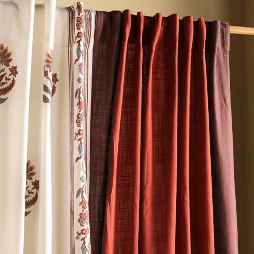 Image of Peepul Tree Mix and Match Solid and Sheer Door Curtains in Offwhite Brick Red and Navy Blue | 7 Feet | Set of 3 | 2 Solid & 1 Sheer Curtain| Layered Curtains | Pure Cotton | Back Loop Curtains