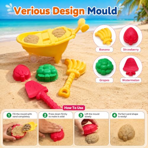 Image of WISHKEY Beach Toys for Kids 6 Pcs Fruit Beach Sand Toy Set with Strawberry Wheelbarrow, Sand Rake, Sand Shovel & Fruit Moulds Beach Sand Play Set for Boys & Girls ABS Plastic 18 Months+ Multicolor