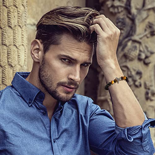 VNOX Viking Bracelet Gifts for Men - Handmade Bead Viking Bracelet for Men, Mjolnir Amulet with Natural Agate and Tiger Eye Stones for Protection and Anxiety Relief，Pagan Nordic Celtic Jewelry2