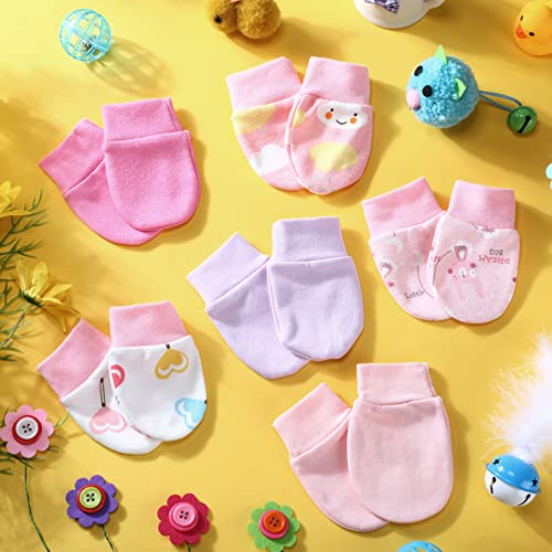 6 Pairs Newborn Baby Mittens No Scratch Gloves Infant Toddler Anti Scratch Essentials Unisex Cotton for 3-9 Months Girls Boys(Pink Series, Cute)3