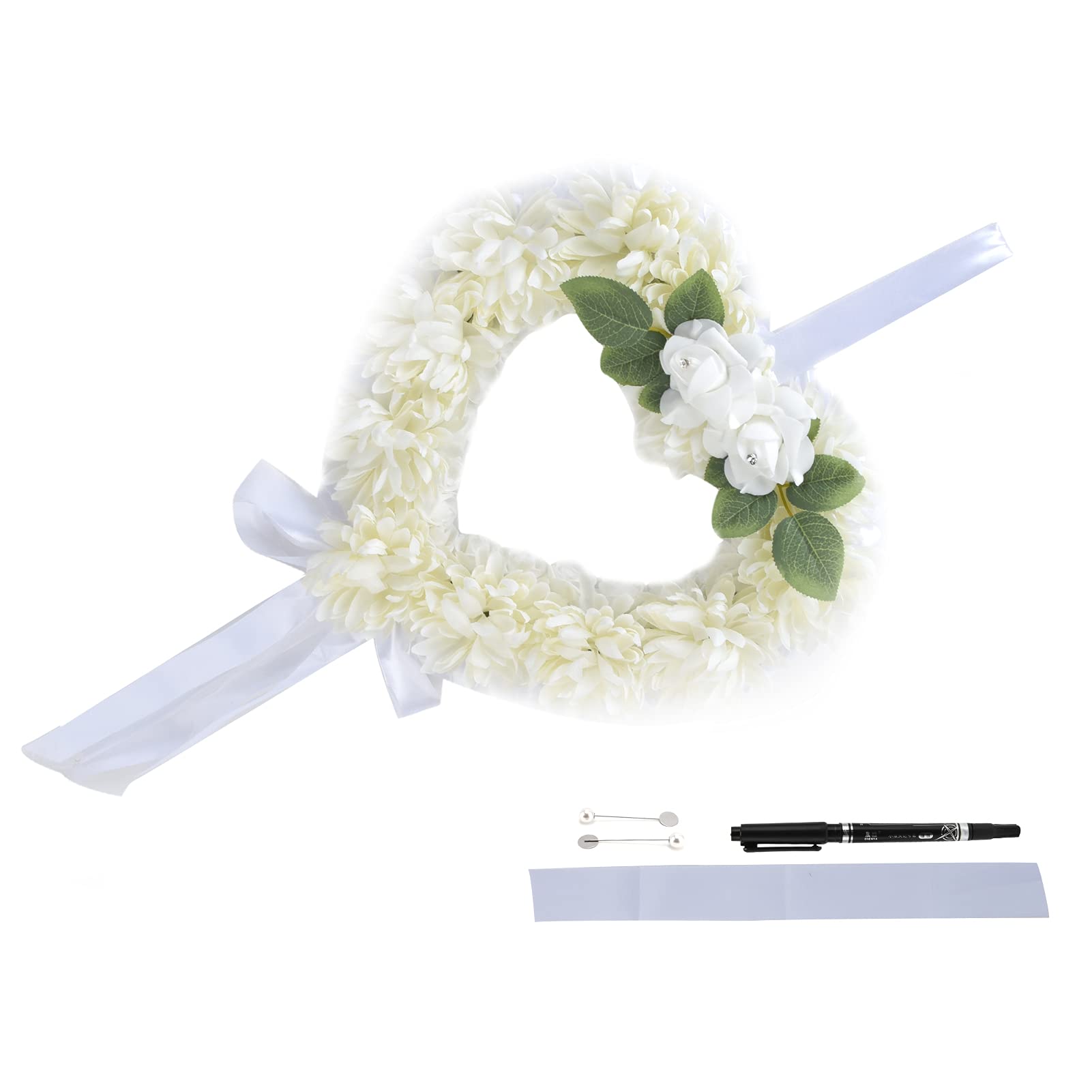 Couronne de pierre tombale cœur en soie blanche avec stylo