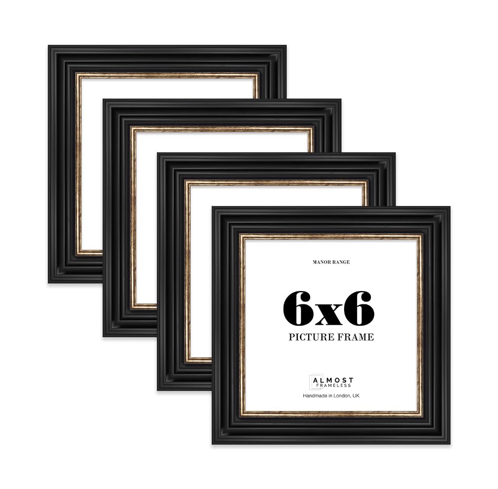 6x6 Picture Frame, Display 6x6 Pictures (15.2 x 15.2cm) - Black & Gold Bold 42mm Edge Room Decor - 4 Pack