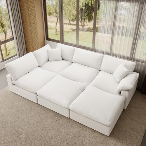 Image of Modular Sectional Sofa,Extra Comfty Deep-Seat-Filled Couch, White 6 Seat U Shape Sofas with Movable Ottoman, Modern Couches for Living Room, Apartment, Office,Small Space