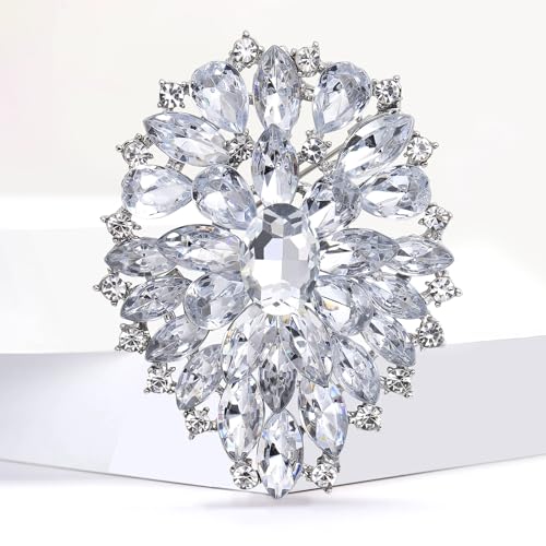 Image of Rhinestone Crystal Oval Brooch Premium Large Flower Brooch Blue /Red /Green /Gold /Silver /Purple Crystal Geometric Broochs Sparkling Lapel Pin Elegant Wedding Bridesmaid Dress Broachs Pin for Women