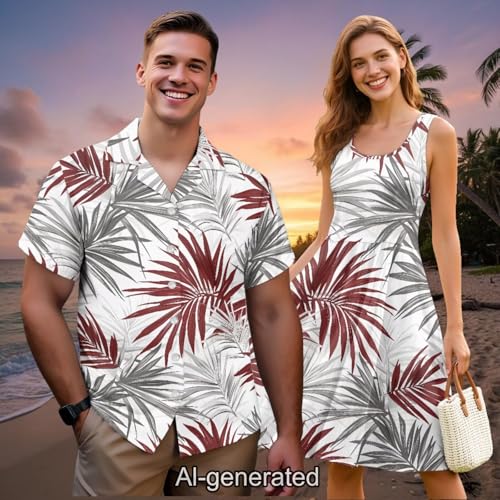 Image of Dreaweet Summer Dresses for Women A-Line Sleeveless Flowy Sun Dresses,Men's Casual Button-Down Shirts,Couple Matching Outfits