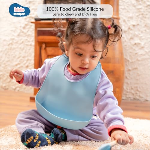 Image of Kids Station Silicone Baby Bib for Feeding & Weaning BPA Free, Soft Adjustable Neckline with Buttons, Washable & Reusable, Ideal for Babies & Toddlers 6 to 36 Months - Blue