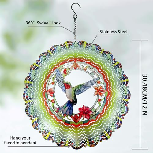 Image of Eandisom Wind Spinners Outdoor Hummingbird - Birthday Gifts for Women Mom Grandma, Hanging Wind Spinner 12 inch 3D Wind Sculptures for Garden Decor for Outside, Patio, Yard, Outdoor