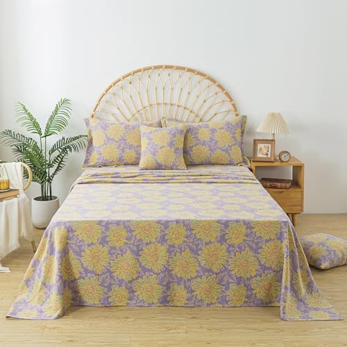 Image of FADFAY Sunflower Sheets Set King Vintage Yellow Purple Floral Bedding Shabby Farmhouse Bedding Super Soft Washed Double -Layer Muslin Sheets 100% Cotton Deep Pocket Fitted Sheet 4Pcs, King Size