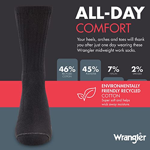 Wrangler Men’s Midweight Outdoor Work Socks, Cushioned, Arch Support, Size 6-12, Recycled Cotton, 3-Pack3