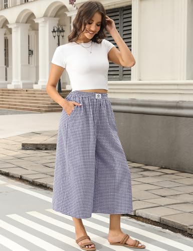 Image of TARSE Women Wide Leg Capri Pants Loose Gingham Plaid Culottes Summer Elastic Waist Palazzo Trousers Bottoms with Pockets