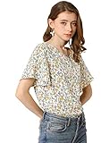 Allegra K Women's Floral Blouse Tee Chiffon Casual Flutter Sleeve Tops Medium Beige