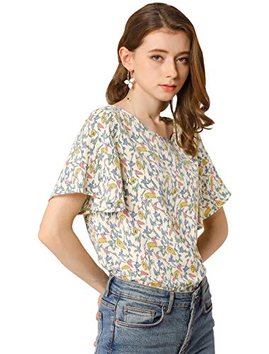 Allegra K Women's Floral Blouse Tee Chiffon Casual Flutter Sleeve Tops Large Beige #TOP29