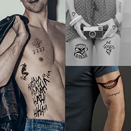 Image of Zeecdatoo 34 Sheets Halloween Temporary Tattoos, HQ Joker Tattoos for Halloween Cosplay Costumes and Party Accessories, Halloween Zombie Fake Scars Tattoos (Large Size)