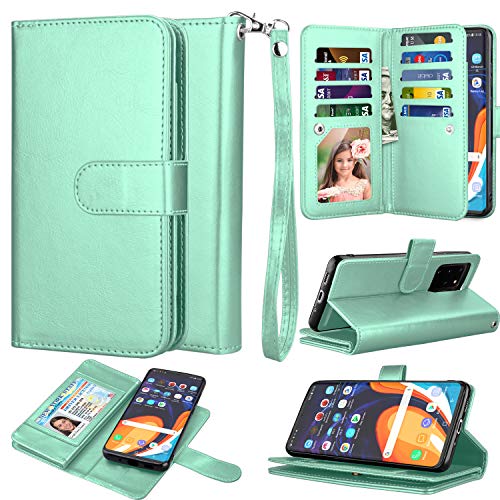 Takfox for Samsung Galaxy S20 Wallet Case, Galaxy S20 Case Wallet, PU Leather Credit Card Holder Phone Case [9 Card Slots] Folio Flip Detachable Magnetic Cover Kickstand & Carrying Strap-Turquoise