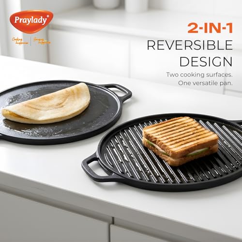 Image of Praylady Cast Iron 2-in-1 Dosa Tawa & Griddle Pan | 30 CM | Pre-Seasoned | Dual Sided Pan for Dosa, Roti, Tofu, Grilling & Searing | No Synthetic Coating | Toxin-Free | Gas & Induction Compatible