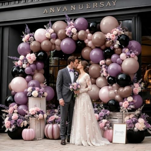 Image of Black Pink Balloon Arch Double Stuffed Dusty Rose Purple Brown Balloon