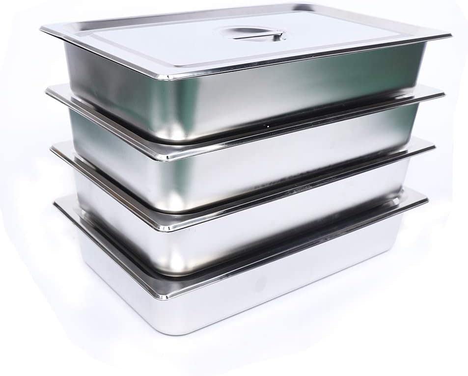 4Inch Stainless Steel Pans Deep Full Size l Steam Table Pans w/Lids for Hotel Food Prep, 4Pcs Commercial Durable Cookwares with High-volume Tray, Non-Stick Surface Table for Food Storage