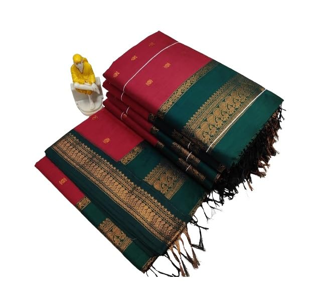 Green Kalyani Cotton Saree with Putta Design and Zari Border, Includes Blouse