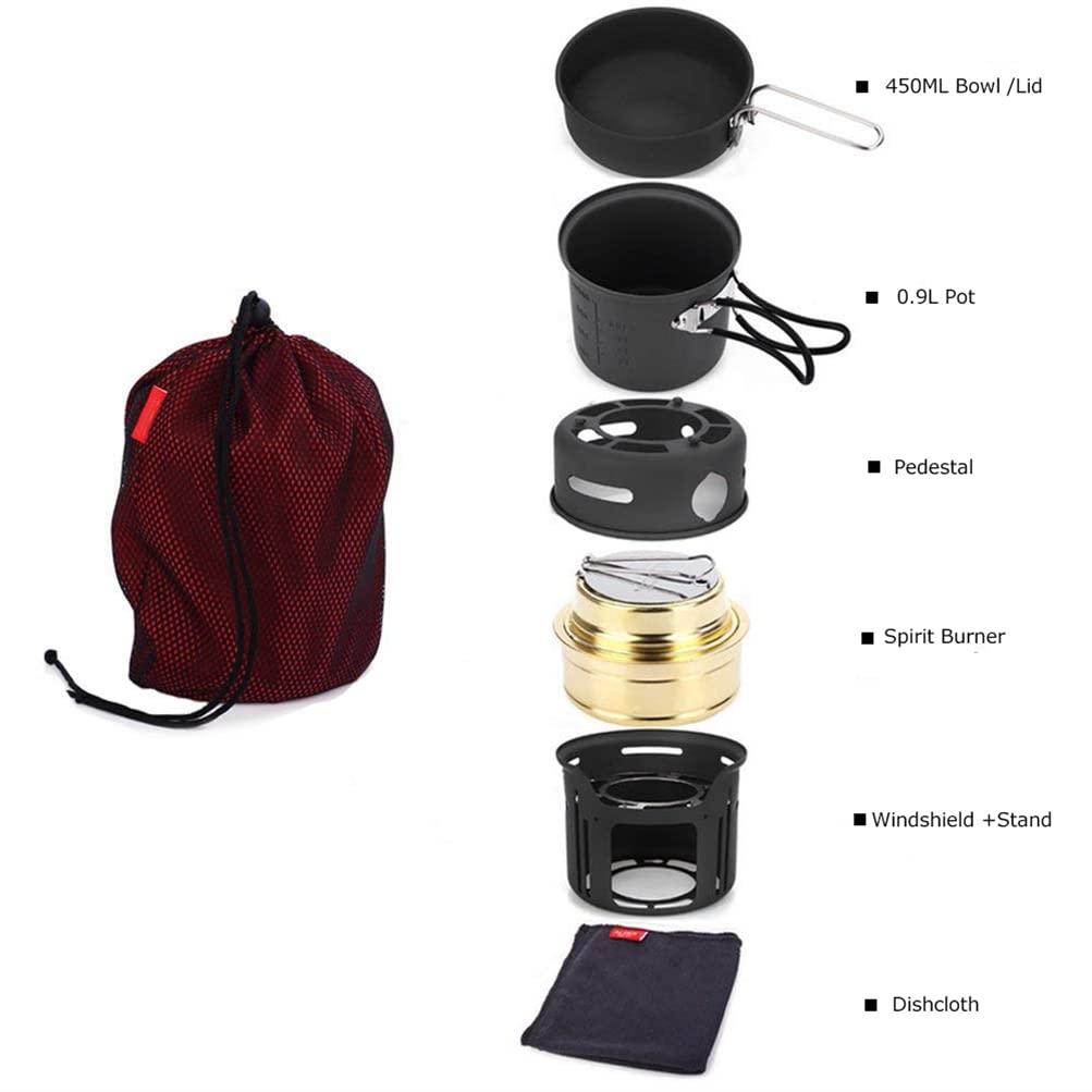 Marmite d'extérieur Portable 7 Pcs Ustensiles de Cuisine Réchaud - Réchaud de Camping Réchaud à Alcool Léger Sac à Dos pour Randonnée Pique-Nique