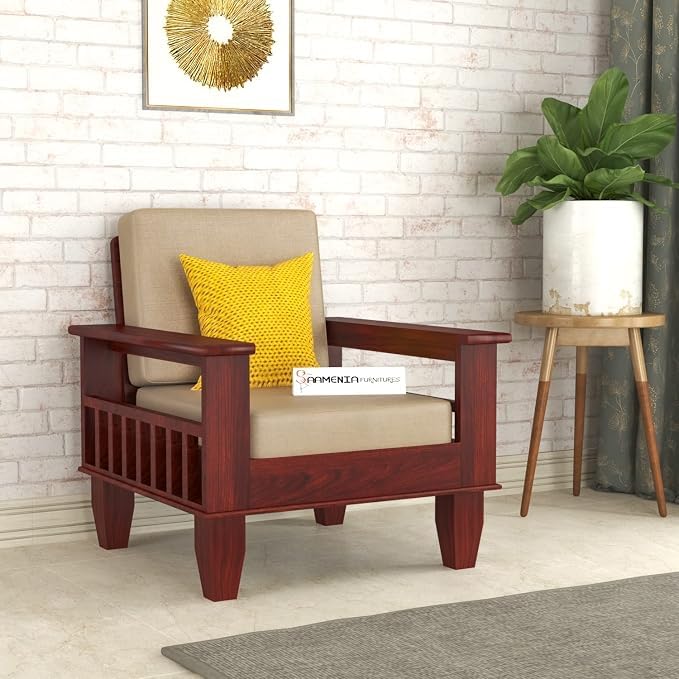 Image of Sheesham Wooden 1 Seater Sofa for Living Room | Rosewood 1 Seater Cushion Sofa with Side Newspaper Holder for Home & Office | Solid Wood Sofa Set for Lounge (Mahogany)