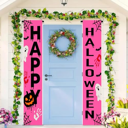 BlissYard Pink Halloween Banner for Front Porch 12x71 Inch Ghost Pumpkin Door Sign Scary Wall Decoration Happy Halloween Vertical Hanging Outdoor Décor by BlissYard - Image 4