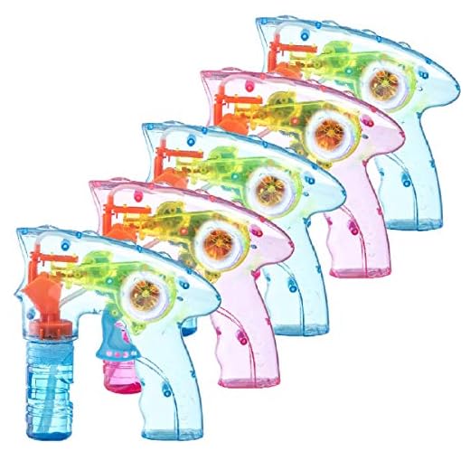 Prextex Pack of 5 Wind up Bubble Gun Shooter LED Light up Bubble Blower Indoor and Outdoor Toys for Puppy’s Kid’s Boys and Girls no Batteries Needed