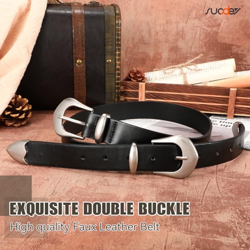 SUOSDEY Western Belts for Women Vintage Leather Belt for Jeans, Cowgirl Belt Double Buckle Dress Waist Belt3