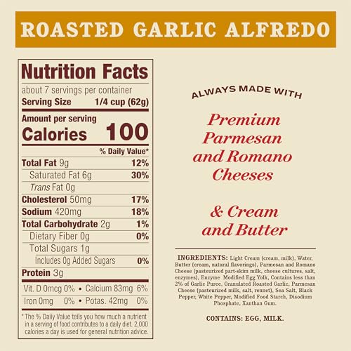 Image of Rao's Homemade Alfredo Sauce, Roasted Garlic Alfredo, 15 oz, Rich & Creamy Pasta Sauce, Carb Conscious, Keto Friendly, Premium Quality, Blend of Parmesan & Romano Cheese, Cream and Butter (Pack of 4)