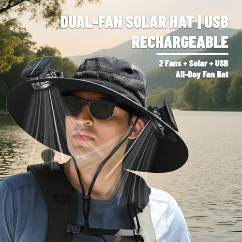 Image of Wide Brim Hat with Fans Solar Power, with Built in Solar Fans, Outdoor Men Sun Hat for Fishing, Beach, Hiking (US, Alpha, One Size, Camouflage)