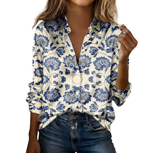 Blusas Elegantes para Mujer, Button Down Shirts for Women Trendy Business Casual Satin Silk Blouses Floral Print Cute Dress Shirt Loose Fit Long Sleeve Work Tops Trendy Clothes (G Khaki,X-Large)