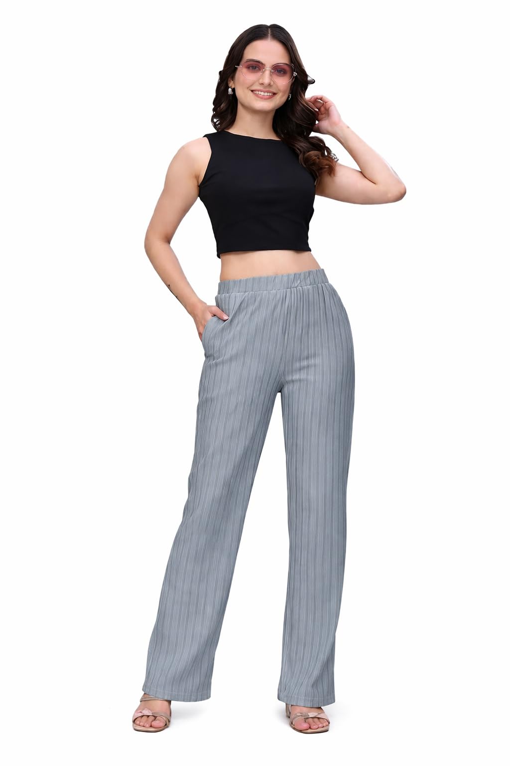 Women Ribbed Straight Pants High Waist Stretch Bell Bottom Trousers Casual Lounge Wear Bottom Soft Comfortable Bootcut Style for Daily Office Travel and Regular Use |-image-7