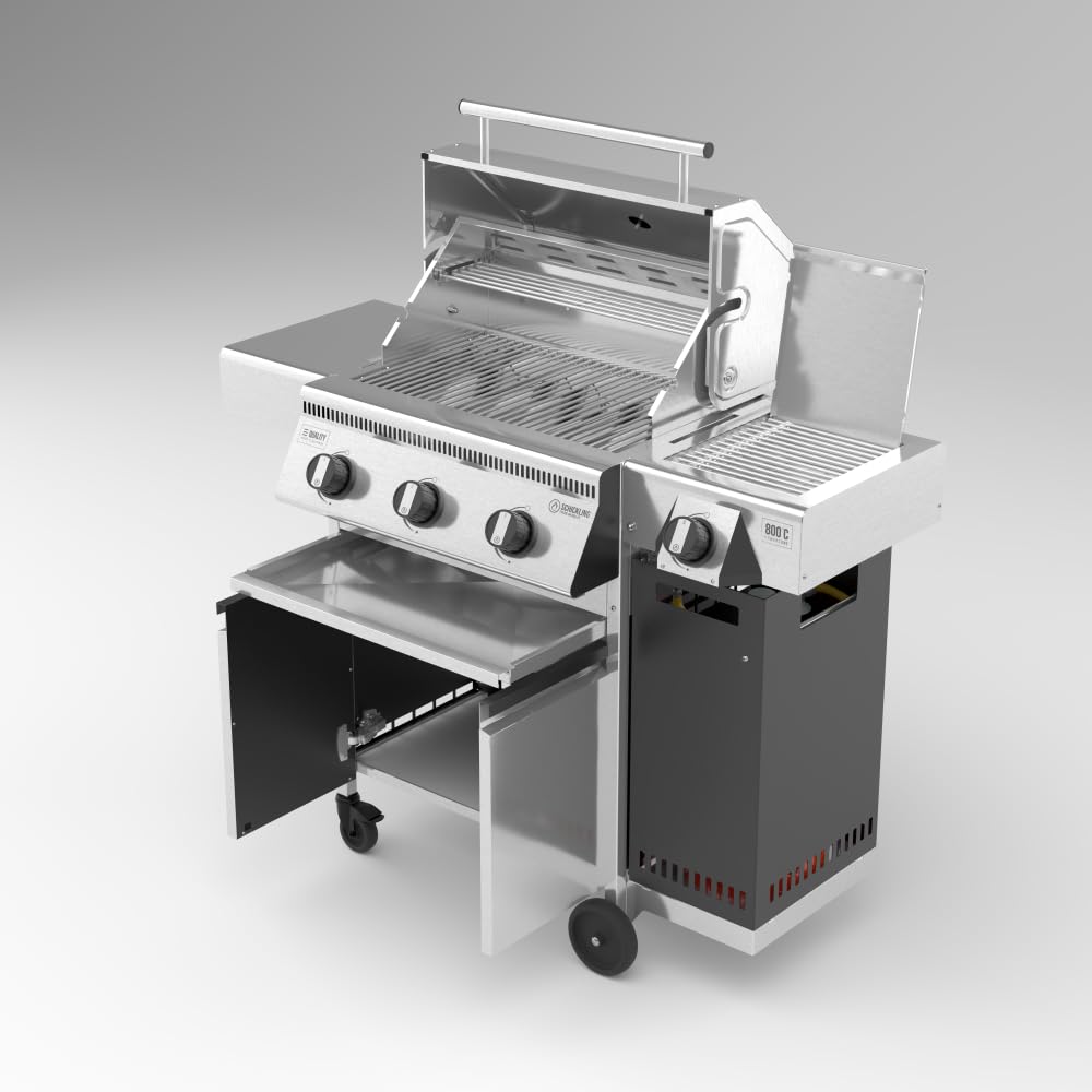 Schickling Gasgrill "Henry L - Deluxe" Edelstahlgrill Grillwagen mit Unterschrank, Doppelwandigem Deckel, 3 Brenner, 800 Grad Seitenbrenner & 3-teiligem Grillrost - Made in Germany