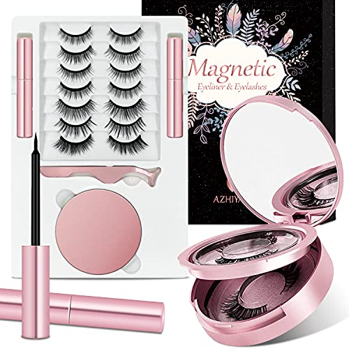 AZHIYAN Magnetic Eyelashes with Eyeliner, 9-Pair Reusable Magnetic Lashes with 2 Tubes of Magnetic Eyeliner, Glue-free Natural Look Eye Lashes Kit with Tweezers & Mirror Case