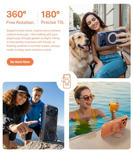 Image of TORRAS 360 Magnetic Stand for iPhone 17 Pro Case, [Fit for MagSafe] [Rotatable Ring Kickstand] [4X Mil-Grade Shockproof] Slim Phone Cover, Camera Button, Cosmic Orange, Translucent, Ostand O3 Fitness