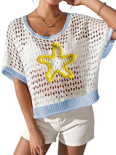 Image of OCSTRADE Summer Crochet Tops for Women Boho Crop Hollow Out Sweaters Beach Vacation Knit Cover Ups