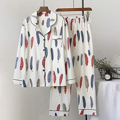 ZXF Pijama de pijama para mujer, de algodón, con estampado de plumas de manga larga y cuello alto, conjunto de dos piezas para el hogar cálido (color: pluma, tamaño: M)